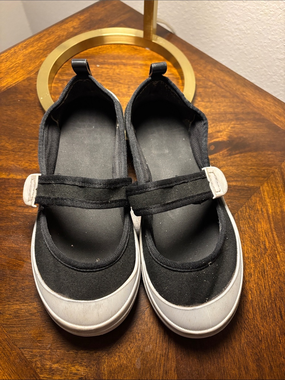 Mini Melissa Girls' Black Mary Jane Canvas Slip-On Shoes with White Toe, size 2